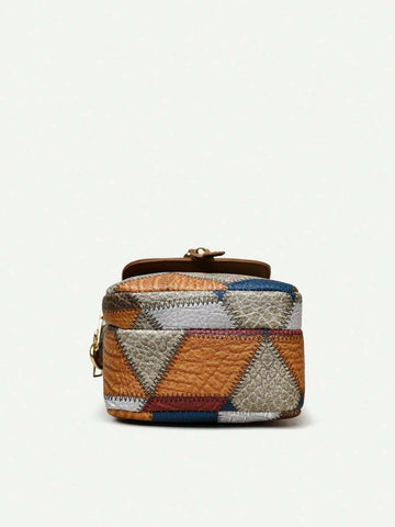 1pc Color Block Rhombus Pattern Fabric Decorated Crossbody Bag With Flap