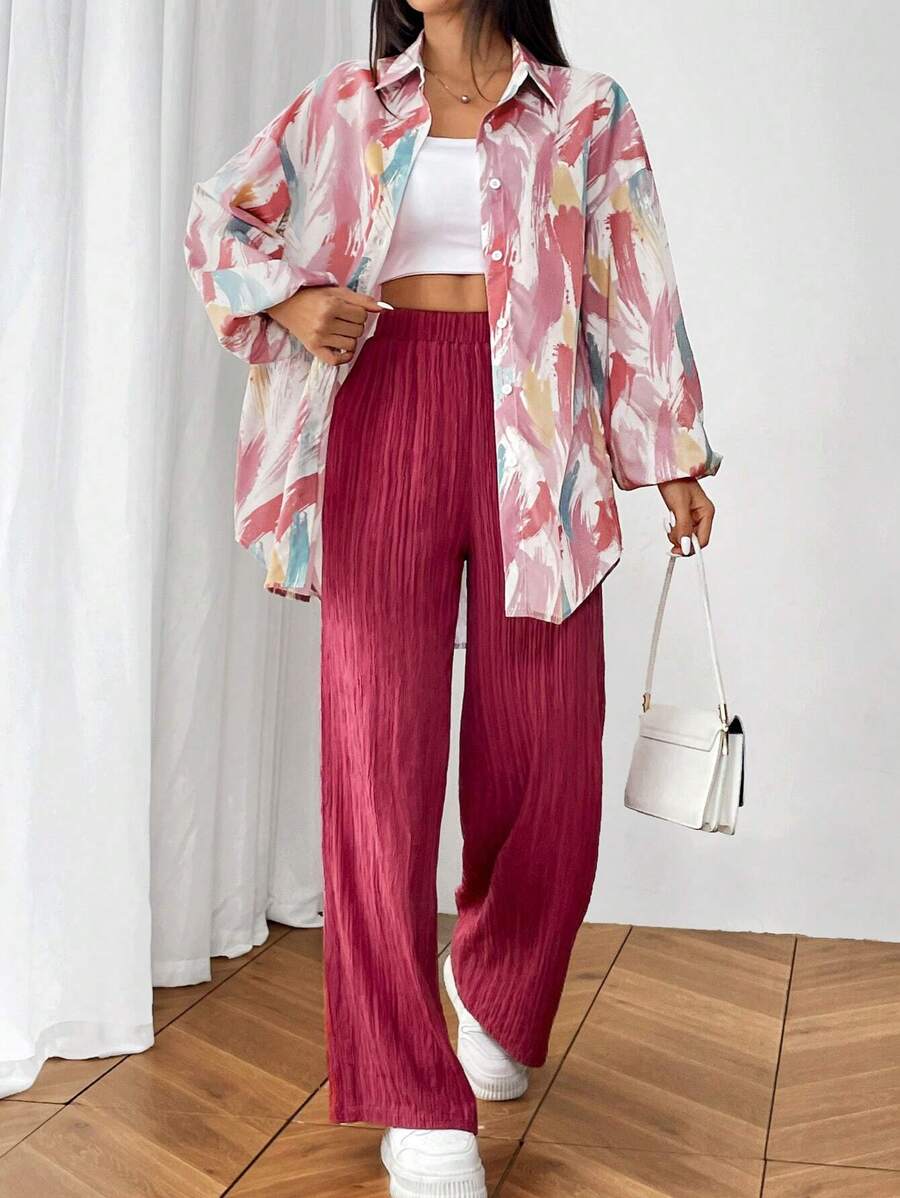 2pcs Women Shirt Collar Button Front Allover Print Long Sleeve Top And Pants shein