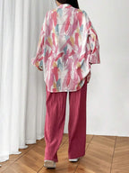 2pcs Women Shirt Collar Button Front Allover Print Long Sleeve Top And Pants shein