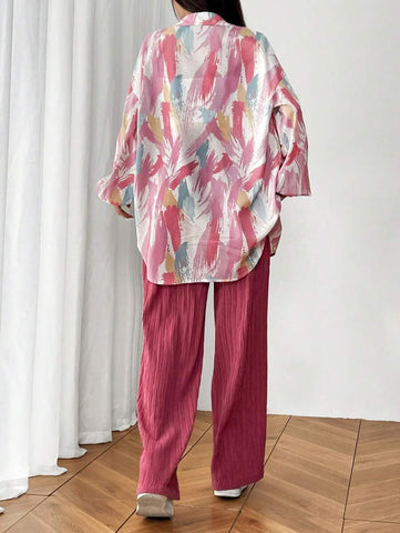 2pcs Women Shirt Collar Button Front Allover Print Long Sleeve Top And Pants