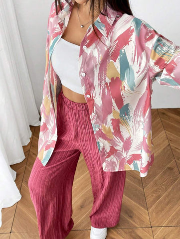 2pcs Women Shirt Collar Button Front Allover Print Long Sleeve Top And Pants