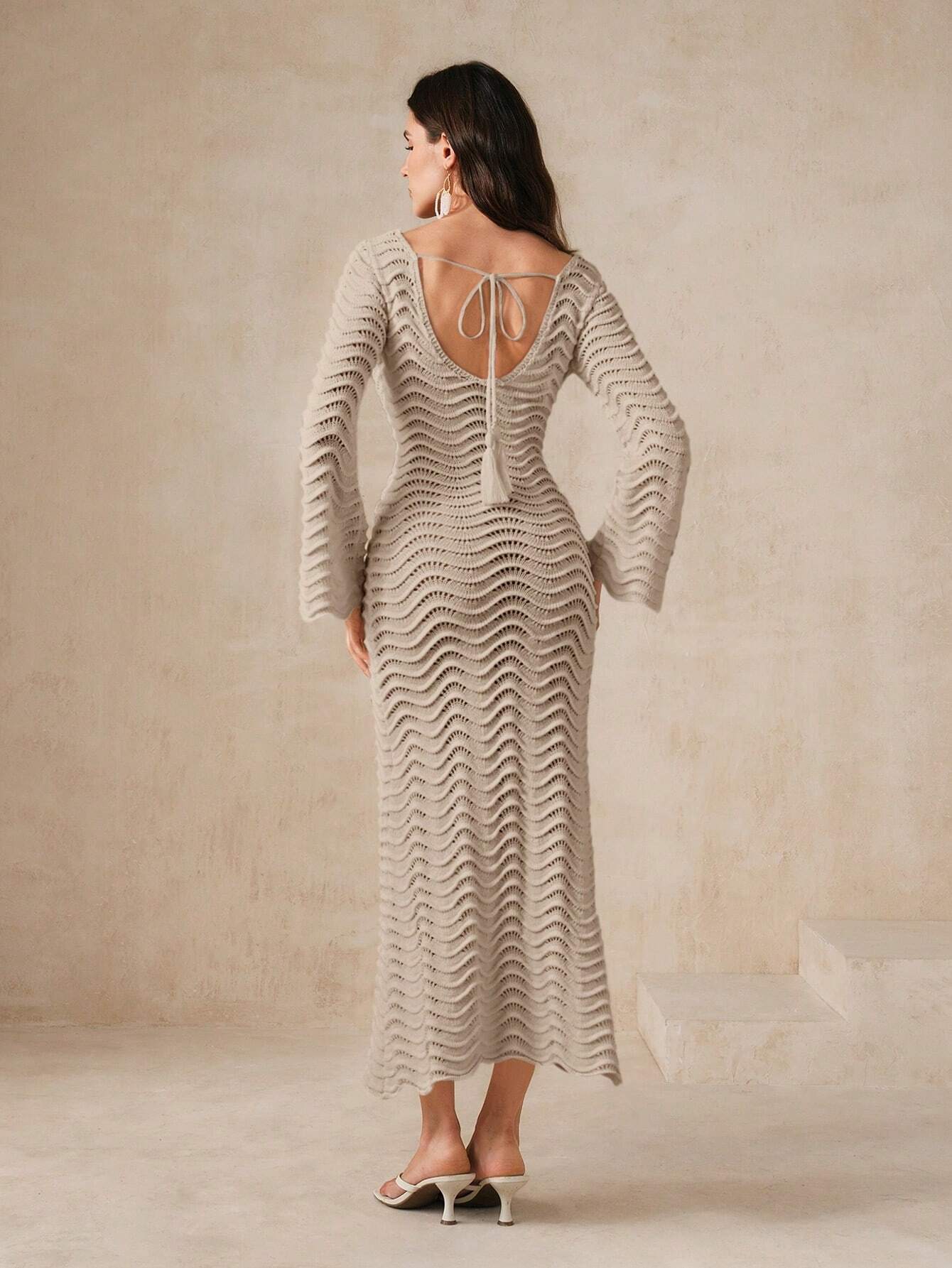 AZ Solid Color Knitted Hollow Out Wave Shaped Flare Sleeve dress shein