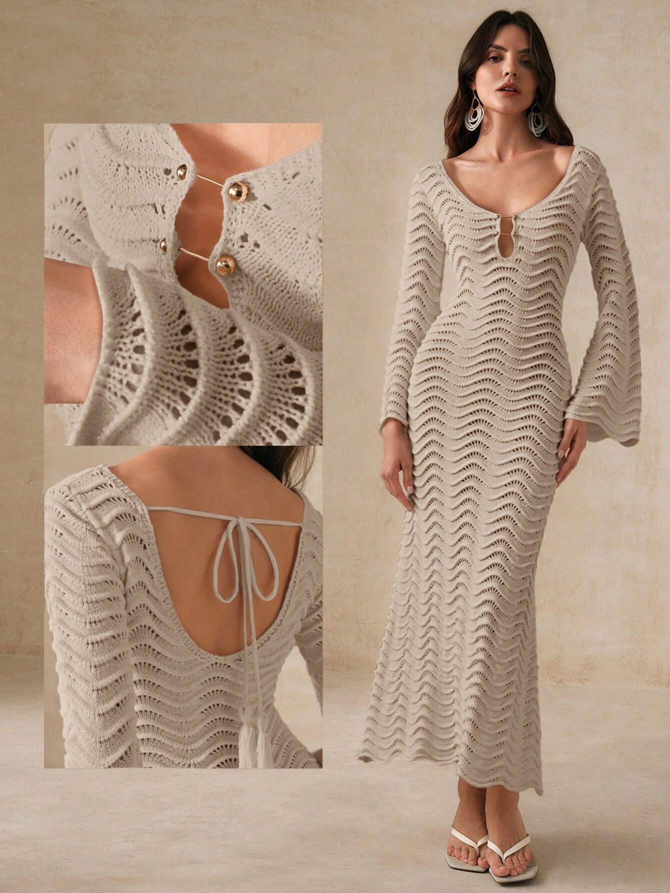 AZ Solid Color Knitted Hollow Out Wave Shaped Flare Sleeve dress shein