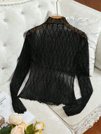 Modely Women's Stand Collar Long Sleeve Mesh Design Figure-Flattering Fashionable Blouse shein