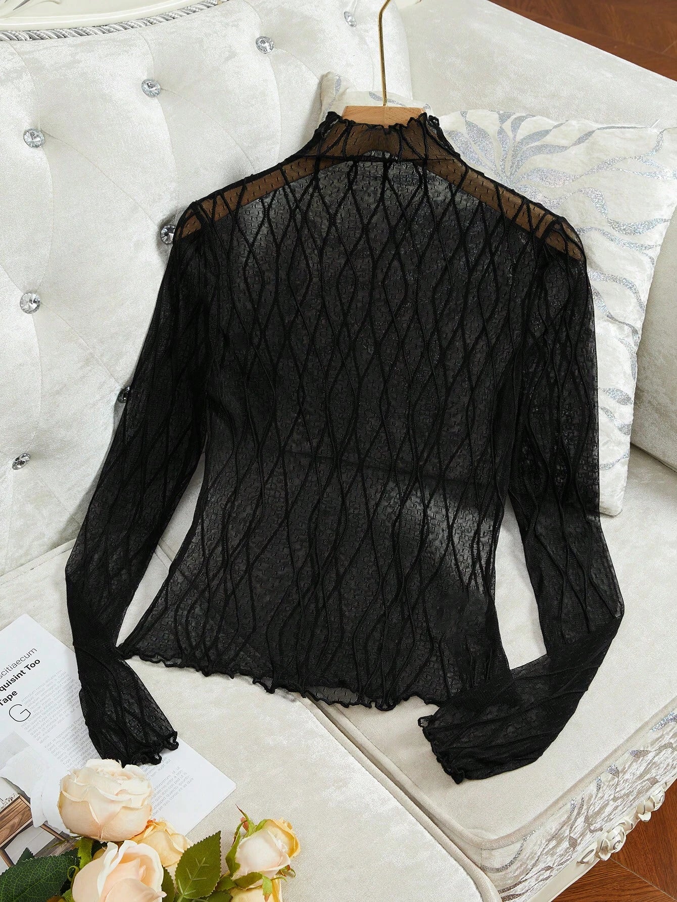 Modely Women's Stand Collar Long Sleeve Mesh Design Figure-Flattering Fashionable Blouse shein
