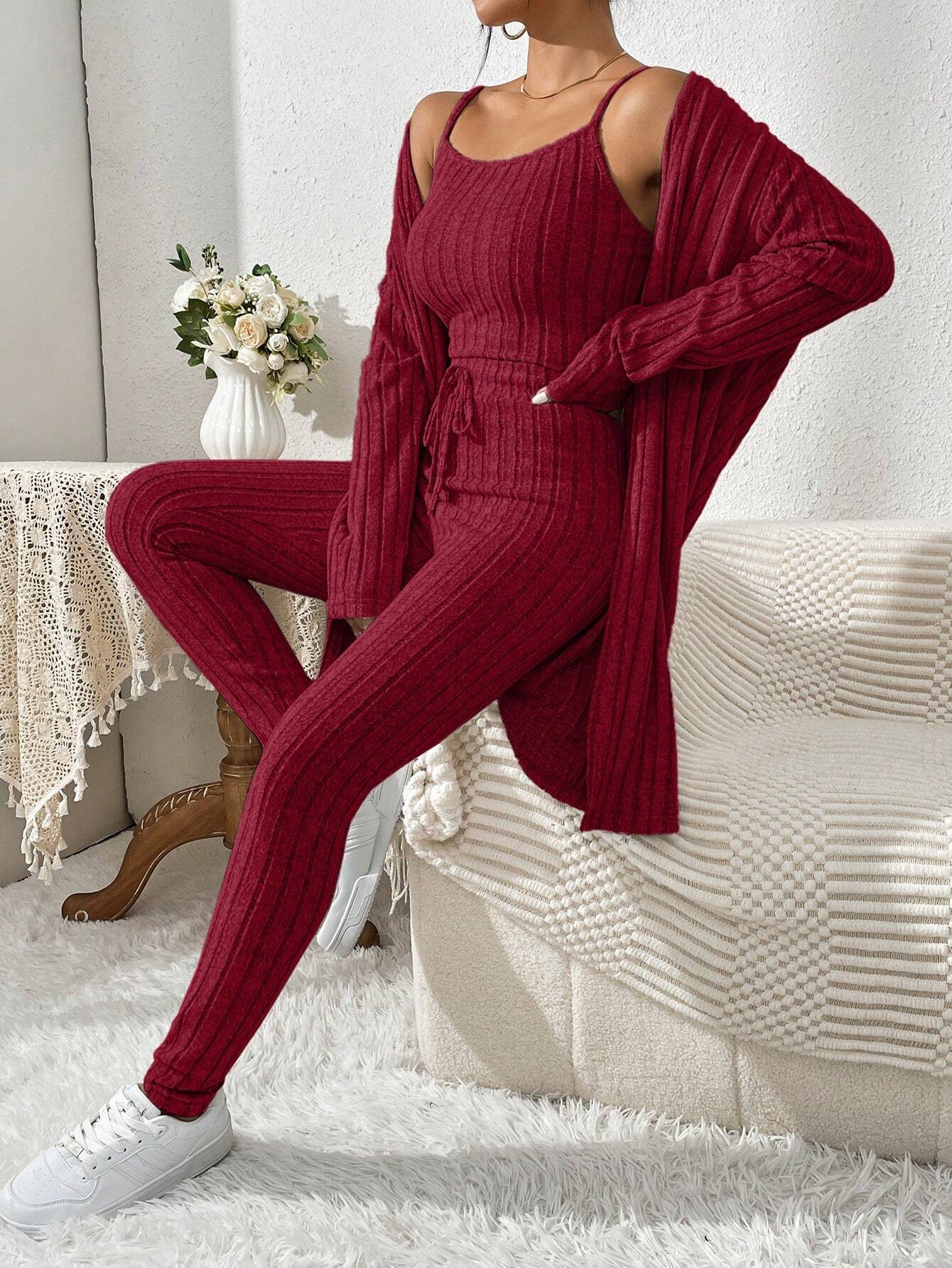 Essnce Women'S Ribbed Cardigan With Long Sleeves, Camisole, Drawstring Waist Pants Set shein