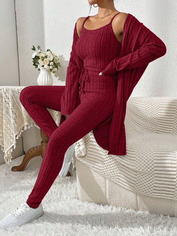 Essnce Women'S Ribbed Cardigan With Long Sleeves, Camisole, Drawstring Waist Pants Set