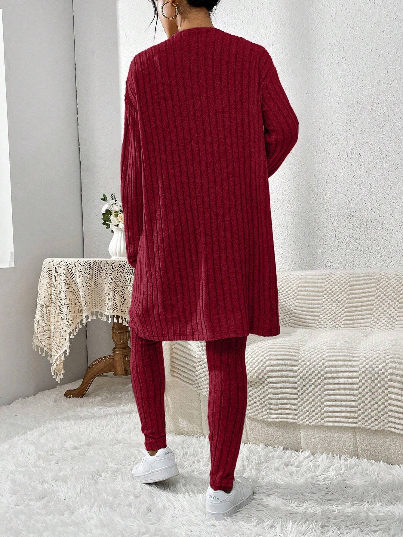 Essnce Women'S Ribbed Cardigan With Long Sleeves, Camisole, Drawstring Waist Pants Set shein