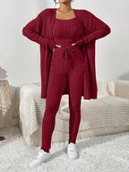 Essnce Women'S Ribbed Cardigan With Long Sleeves, Camisole, Drawstring Waist Pants Set shein