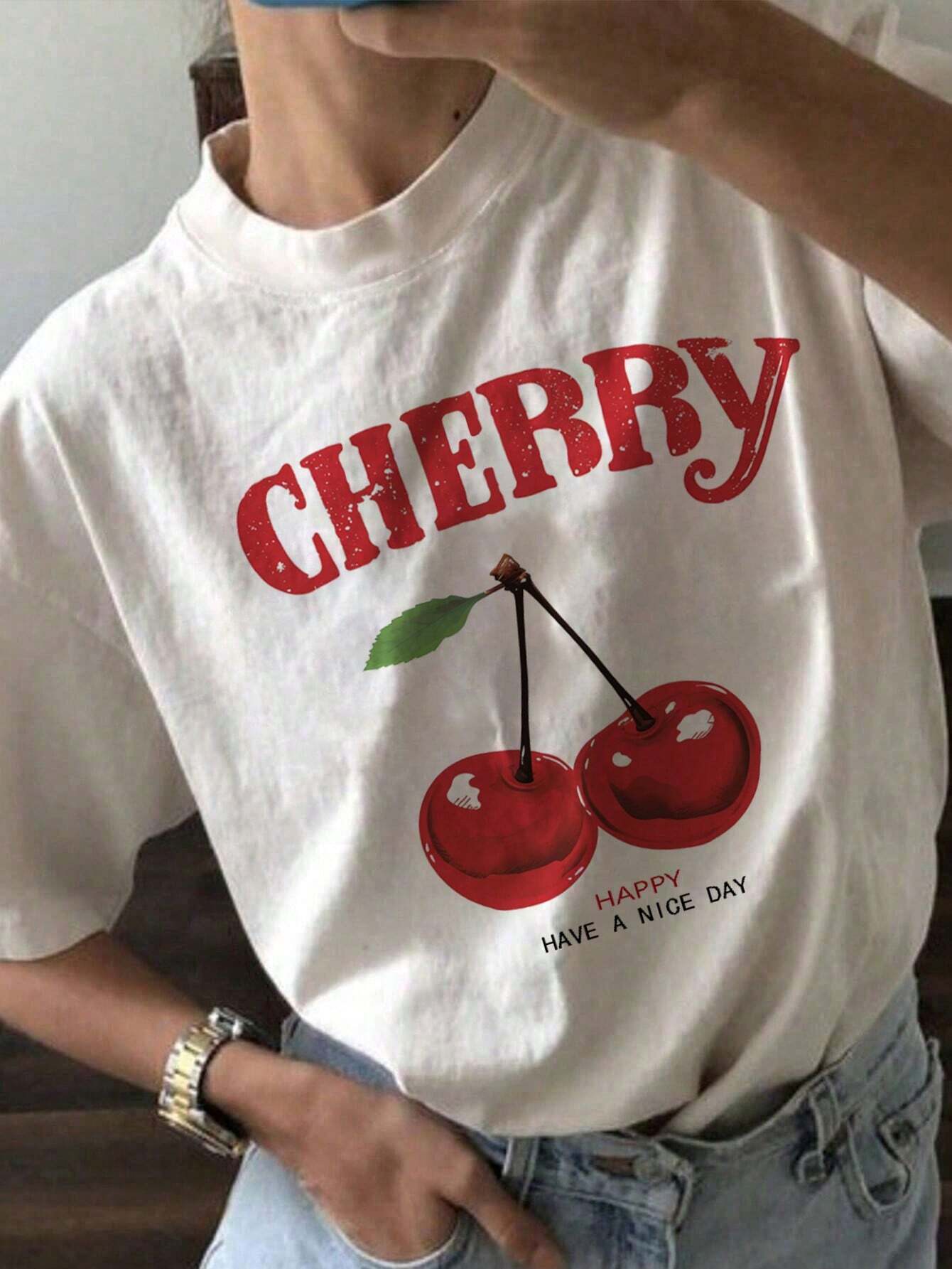 EZwear Oversized Casual Cherry Pattern Round Neck Short Sleeve T-Shirt shein
