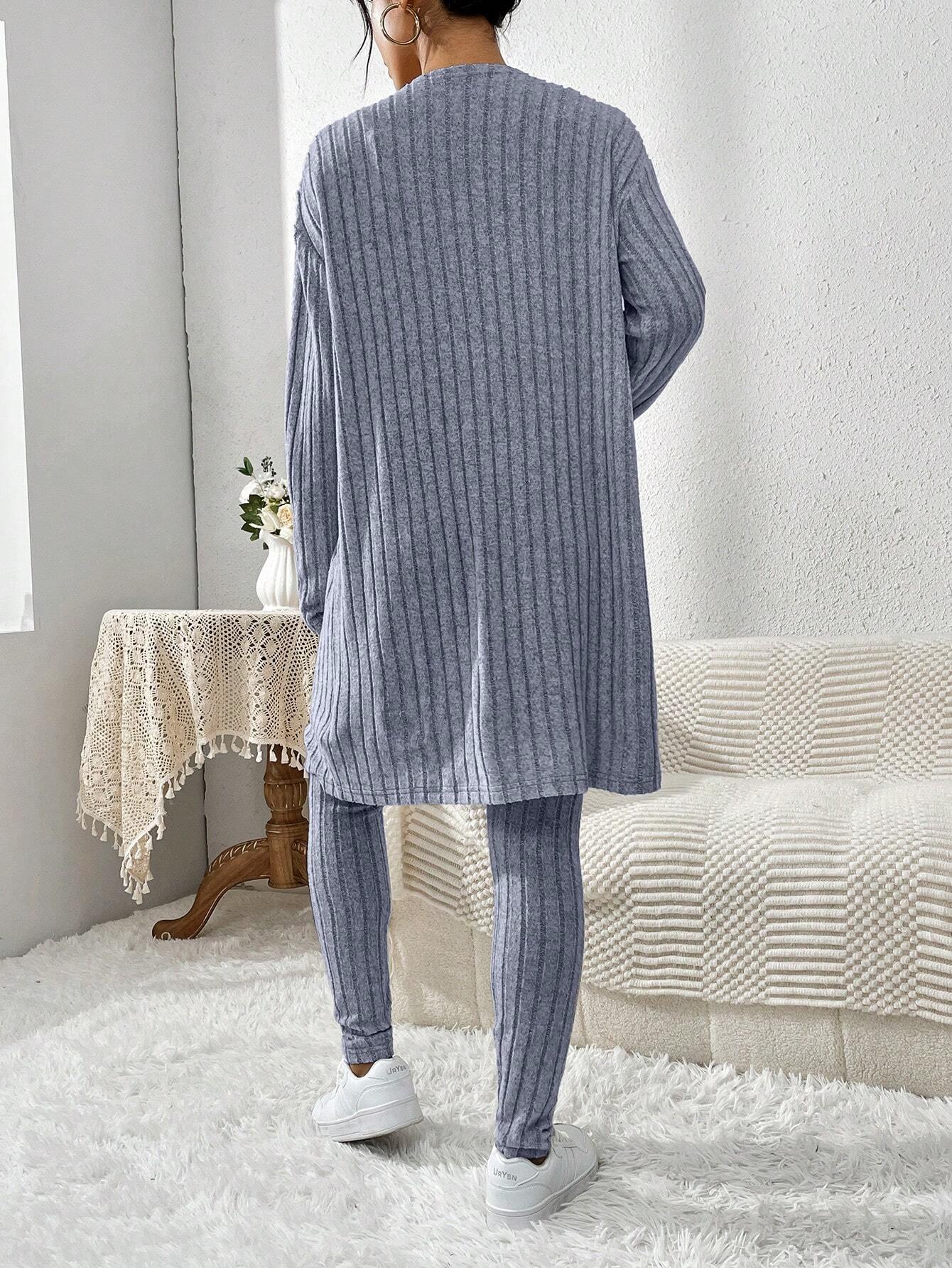 Essnce Women'S Ribbed Cardigan With Long Sleeves, Camisole, Drawstring Waist Pants Set shein