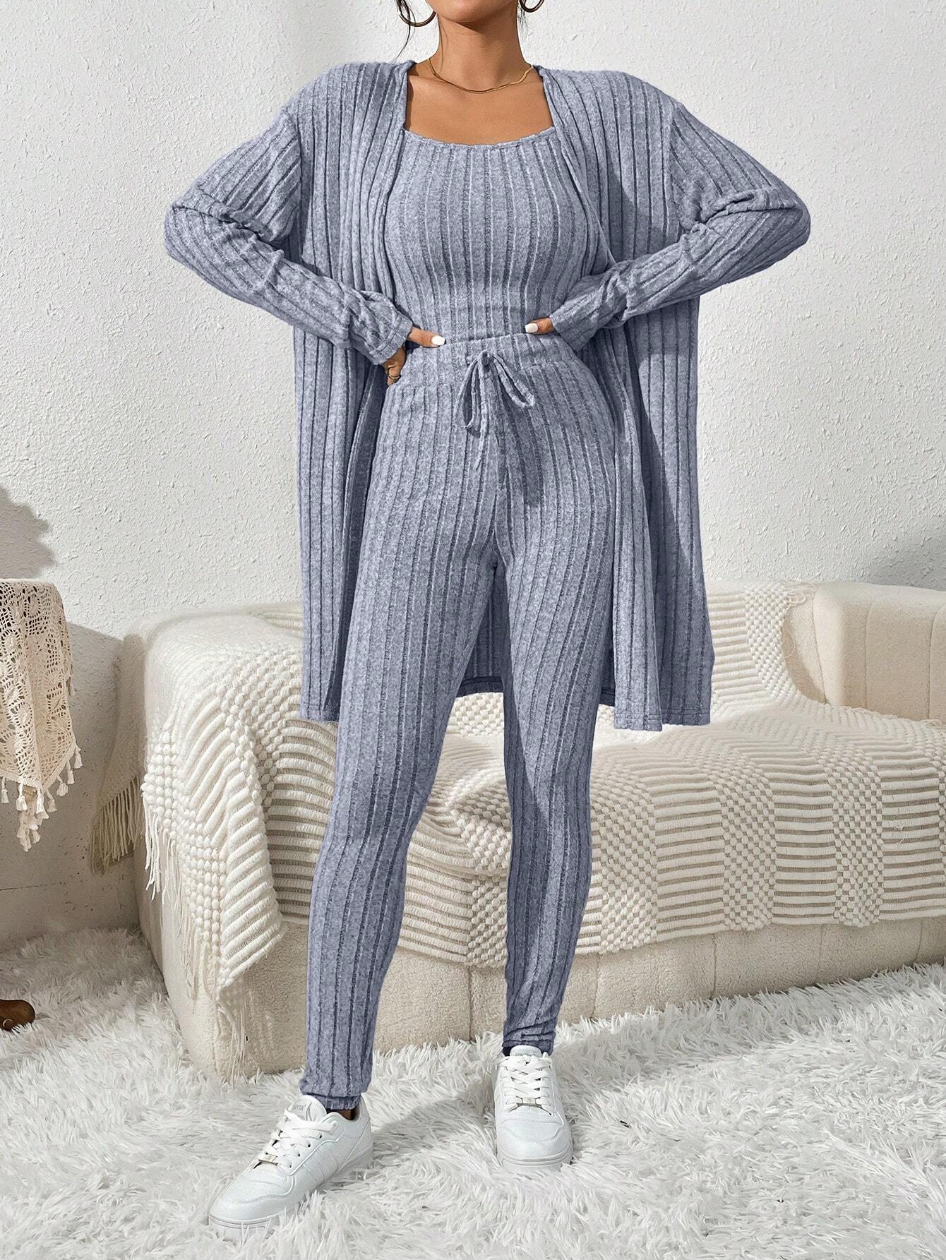 Essnce Women'S Ribbed Cardigan With Long Sleeves, Camisole, Drawstring Waist Pants Set shein