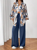 2pcs Women Shirt Collar Button Front Allover Print Long Sleeve Top And Pants shein