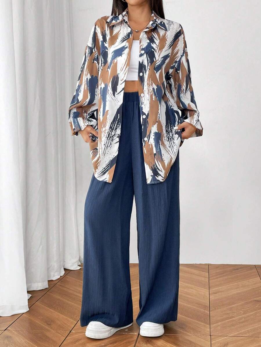 2pcs Women Shirt Collar Button Front Allover Print Long Sleeve Top And Pants shein