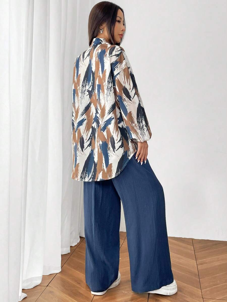 2pcs Women Shirt Collar Button Front Allover Print Long Sleeve Top And Pants shein