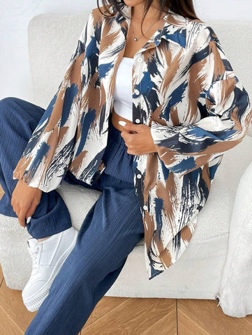 2pcs Women Shirt Collar Button Front Allover Print Long Sleeve Top And Pants