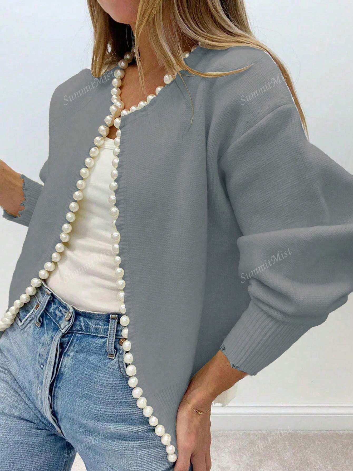Solid Color Cardigan With Pearl Trimmed Distressed Hem