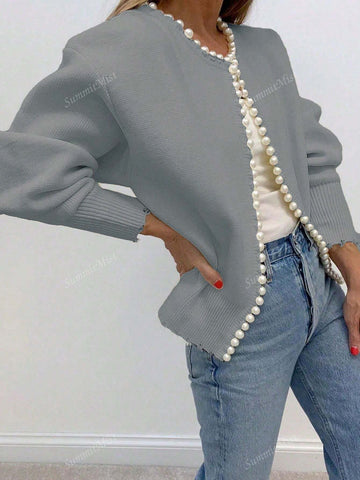 Solid Color Cardigan With Pearl Trimmed Distressed Hem