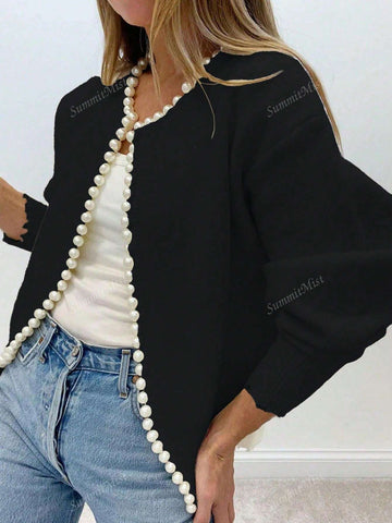 Solid Color Cardigan With Pearl Trimmed Distressed Hem