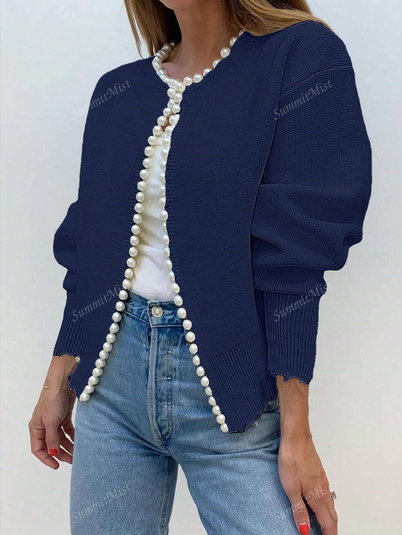 Solid Color Cardigan With Pearl Trimmed Distressed Hem