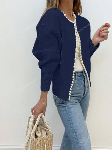 Solid Color Cardigan With Pearl Trimmed Distressed Hem