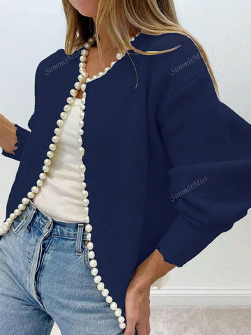 Solid Color Cardigan With Pearl Trimmed Distressed Hem