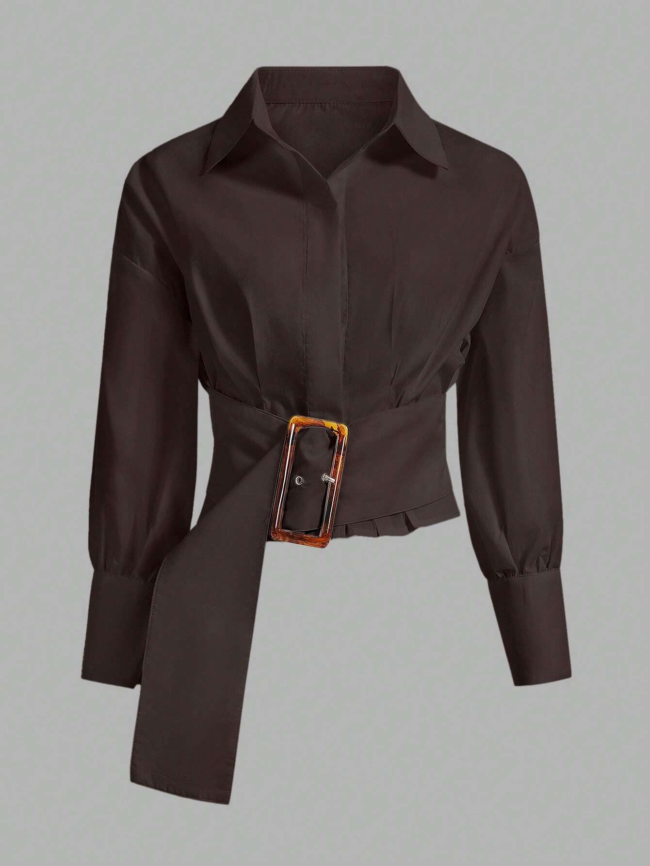 Aveloria Modichic Solid Color Pleated Decorated Buttoned Long Sleeve Shirt shein