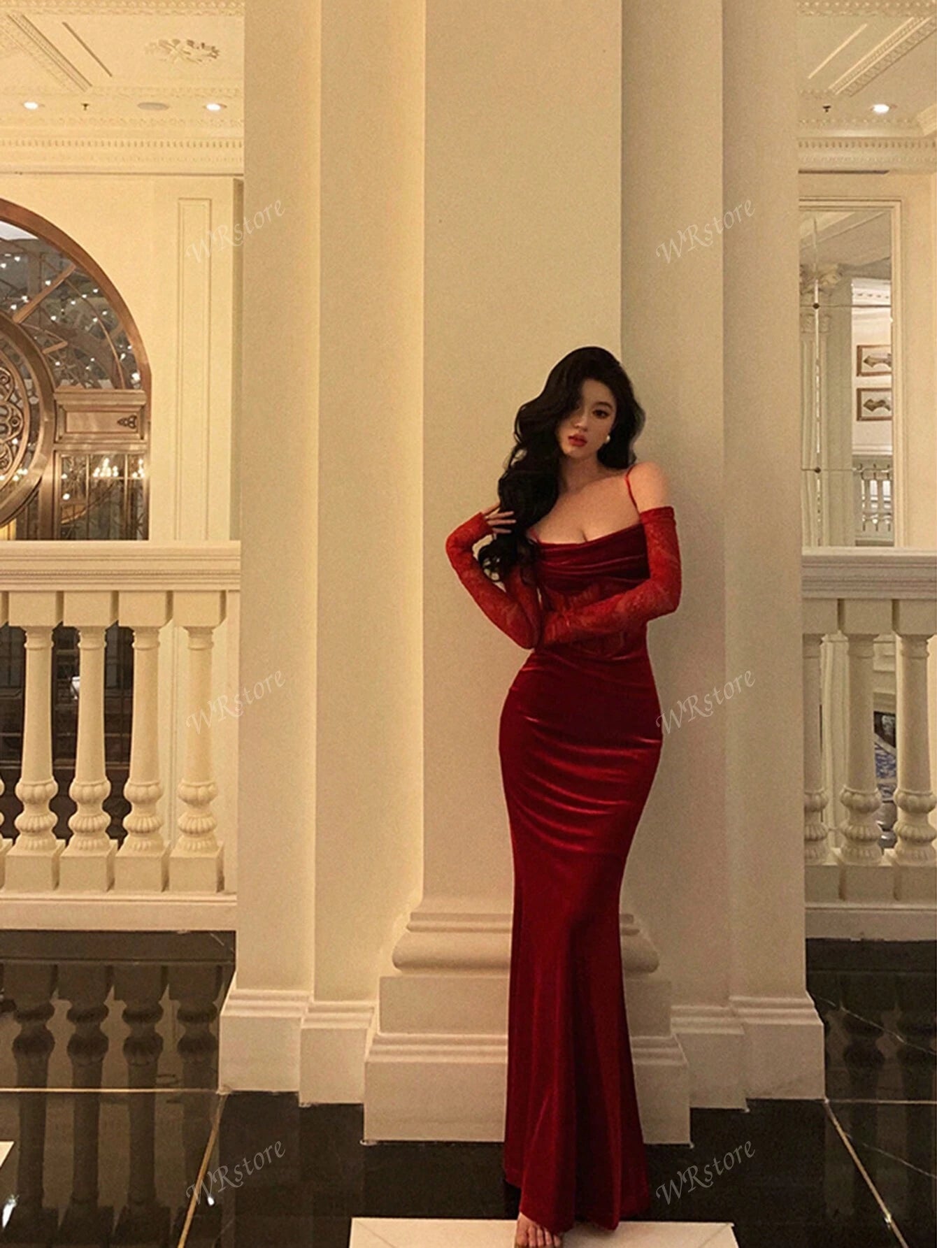 Sexy Spaghetti Strap Velvet Contrast Lace Evening Gown shein