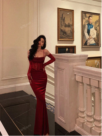 Sexy Spaghetti Strap Velvet Contrast Lace Evening Gown shein