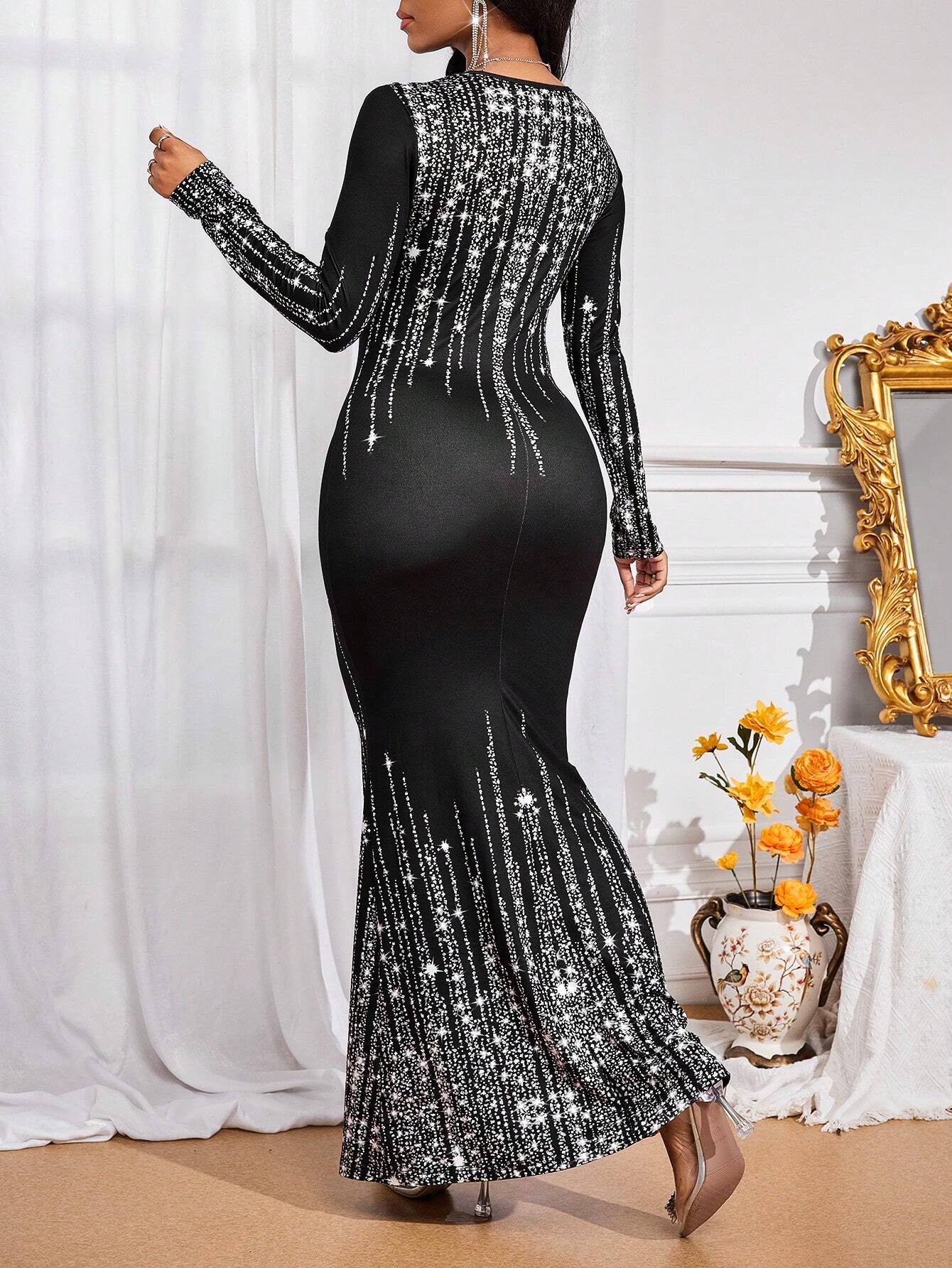 Lady Birthday Party Dresses Wedding Guest Dress Women's Party Wear Black Bottom Sequin Printed Long Dress shein