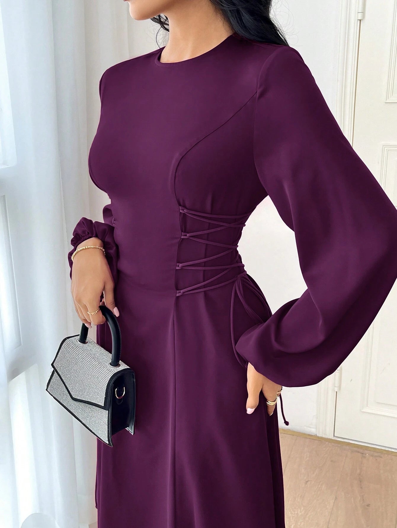 Modely Women's Solid Color Simple Daily Long Sleeve Dress shein