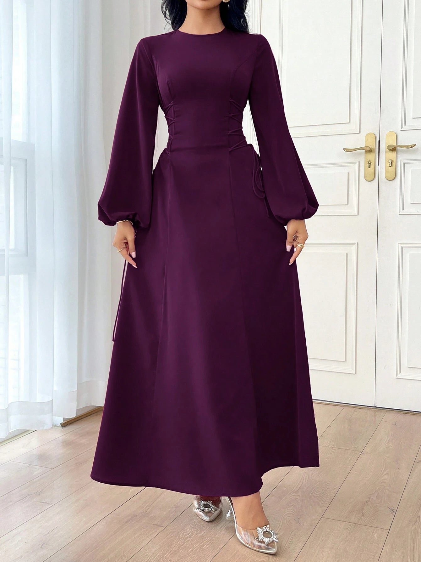 Modely Women's Solid Color Simple Daily Long Sleeve Dress shein