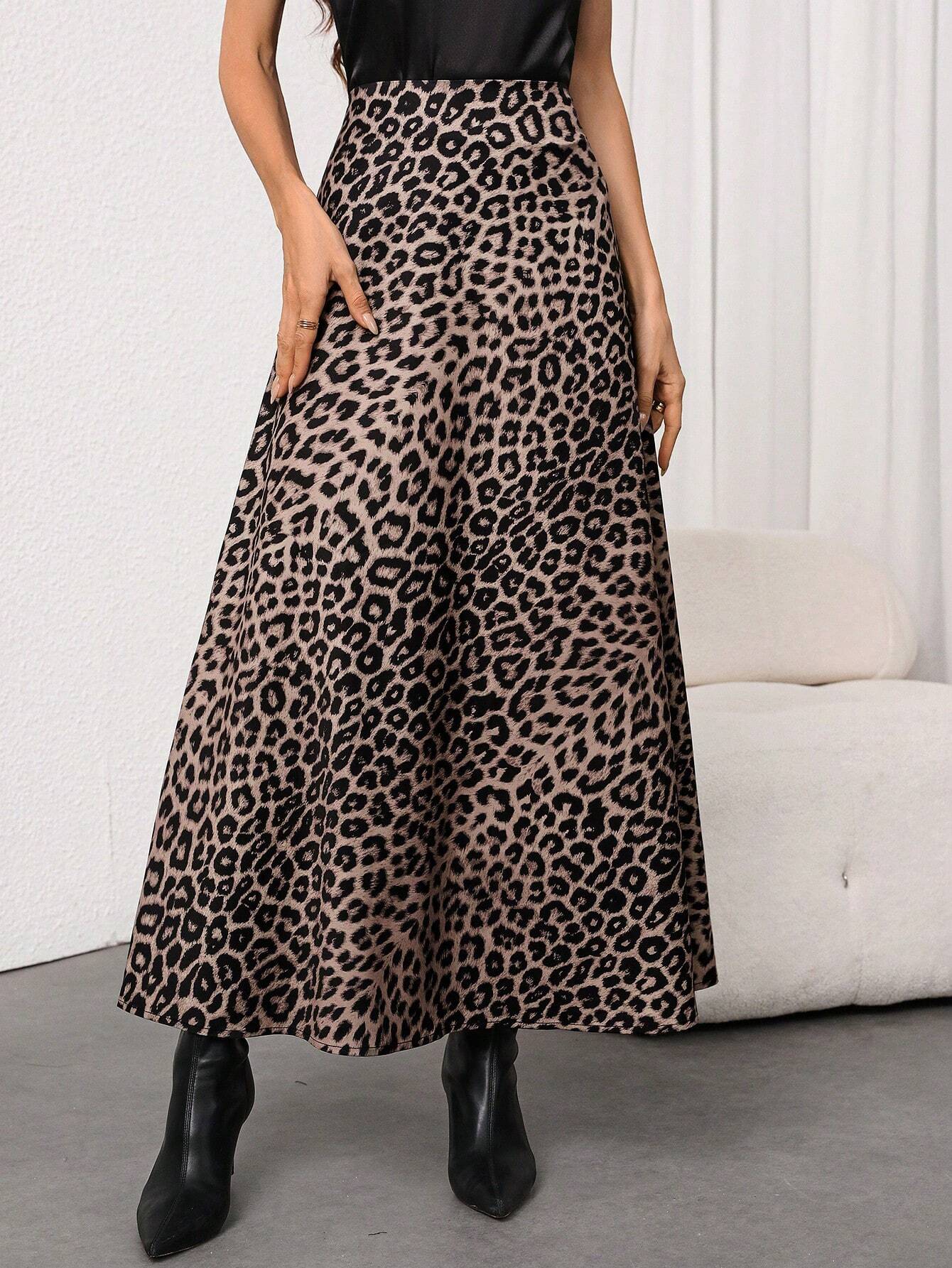 Firerie Women's Elegant Leopard Print High Waist Satin Skirt shein