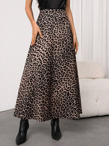 Firerie Women's Elegant Leopard Print High Waist Satin Skirt