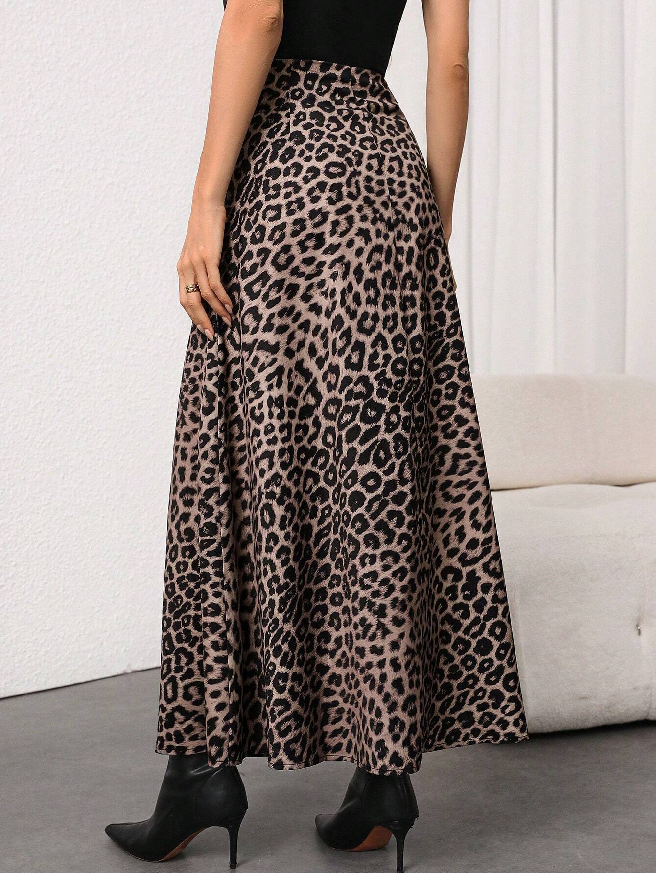 Firerie Women's Elegant Leopard Print High Waist Satin Skirt shein