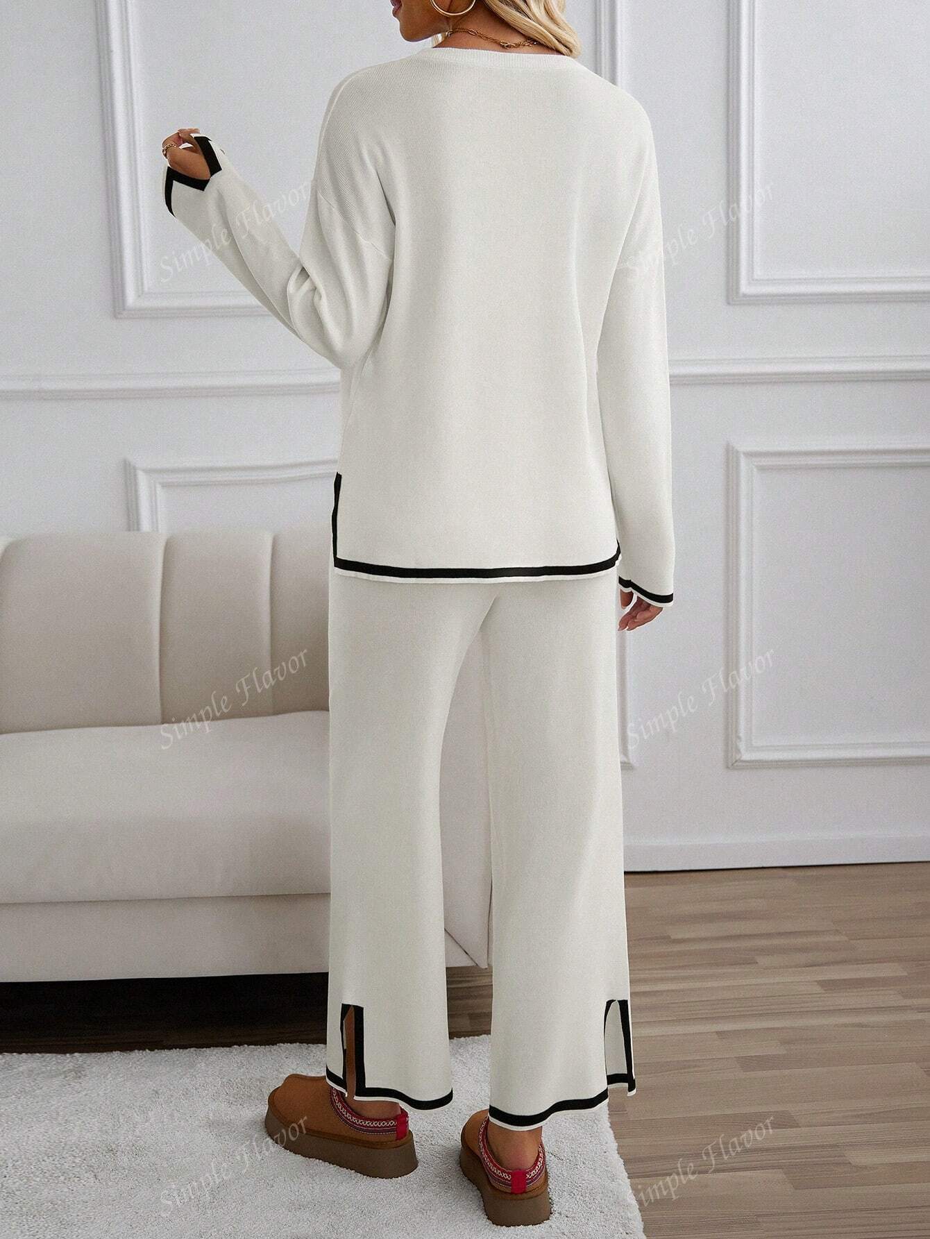 2pcs Women Casual Contrast Color Knit Sweater & Pants Set shein