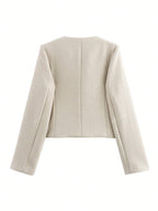 Women's Elegant Casual Tweed Jacket Round Neckline Decorated Long Sleeves Solid Colour Coat shein