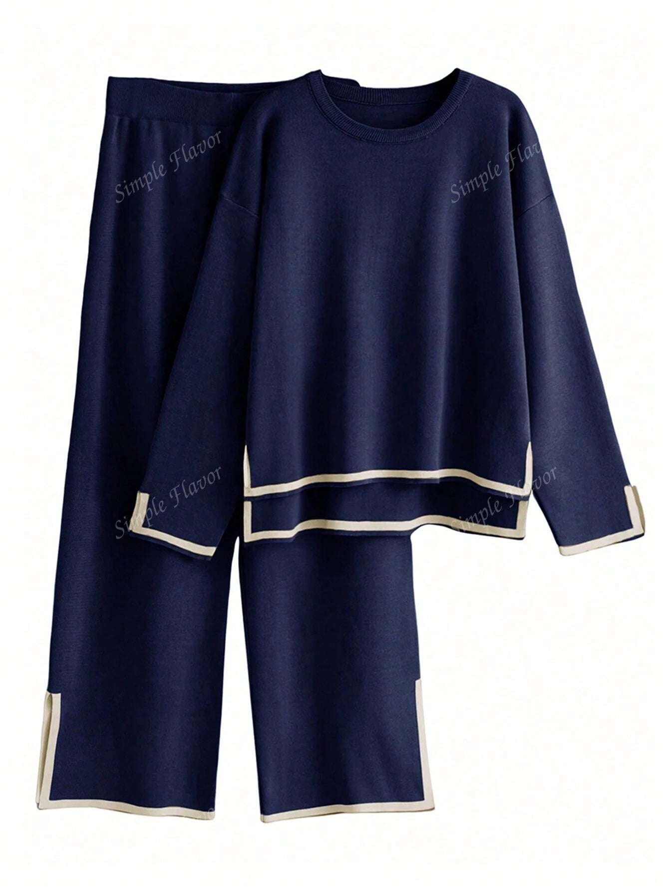 2pcs Women Casual Contrast Color Knit Sweater & Pants Set shein