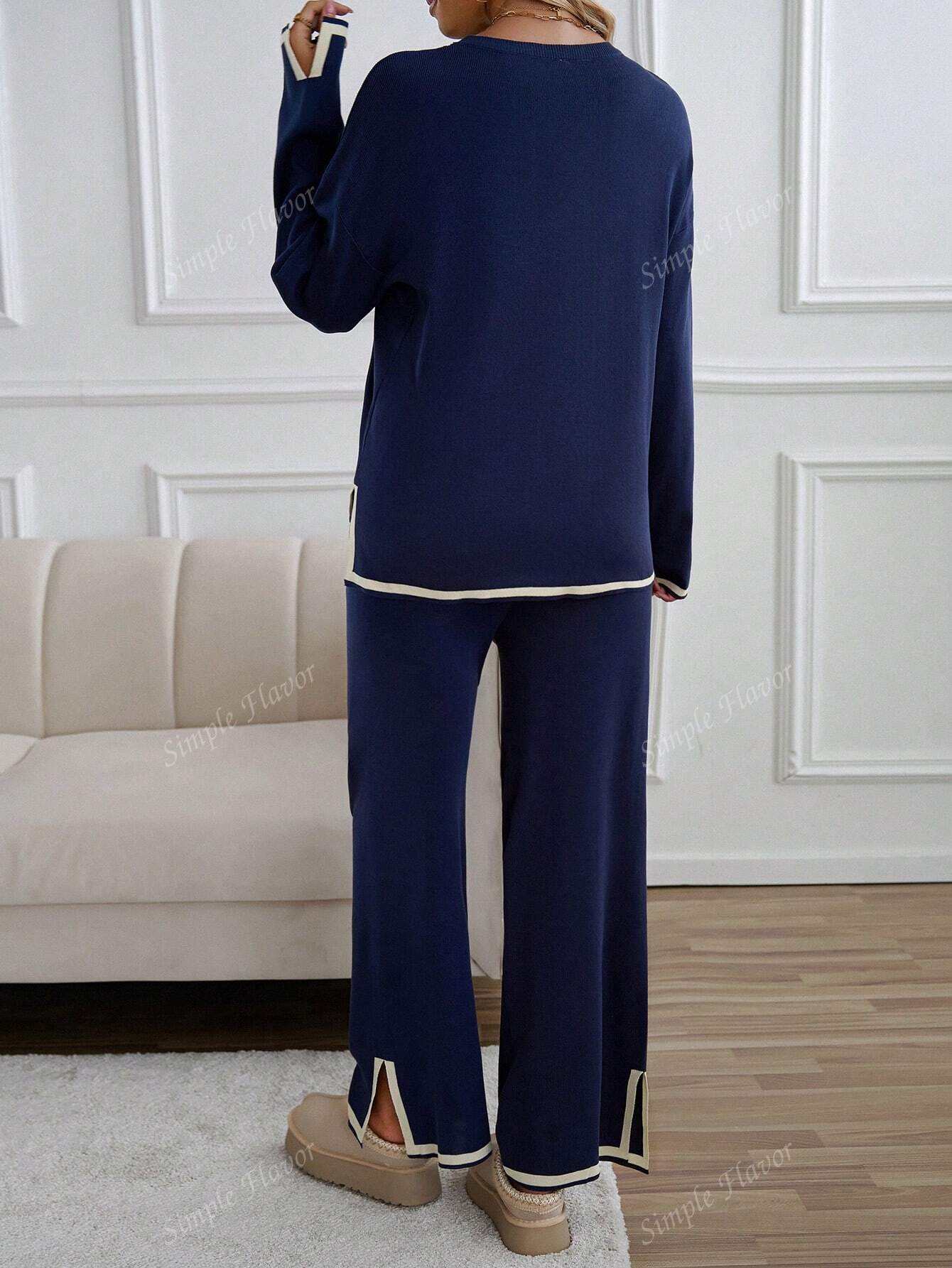 2pcs Women Casual Contrast Color Knit Sweater & Pants Set shein