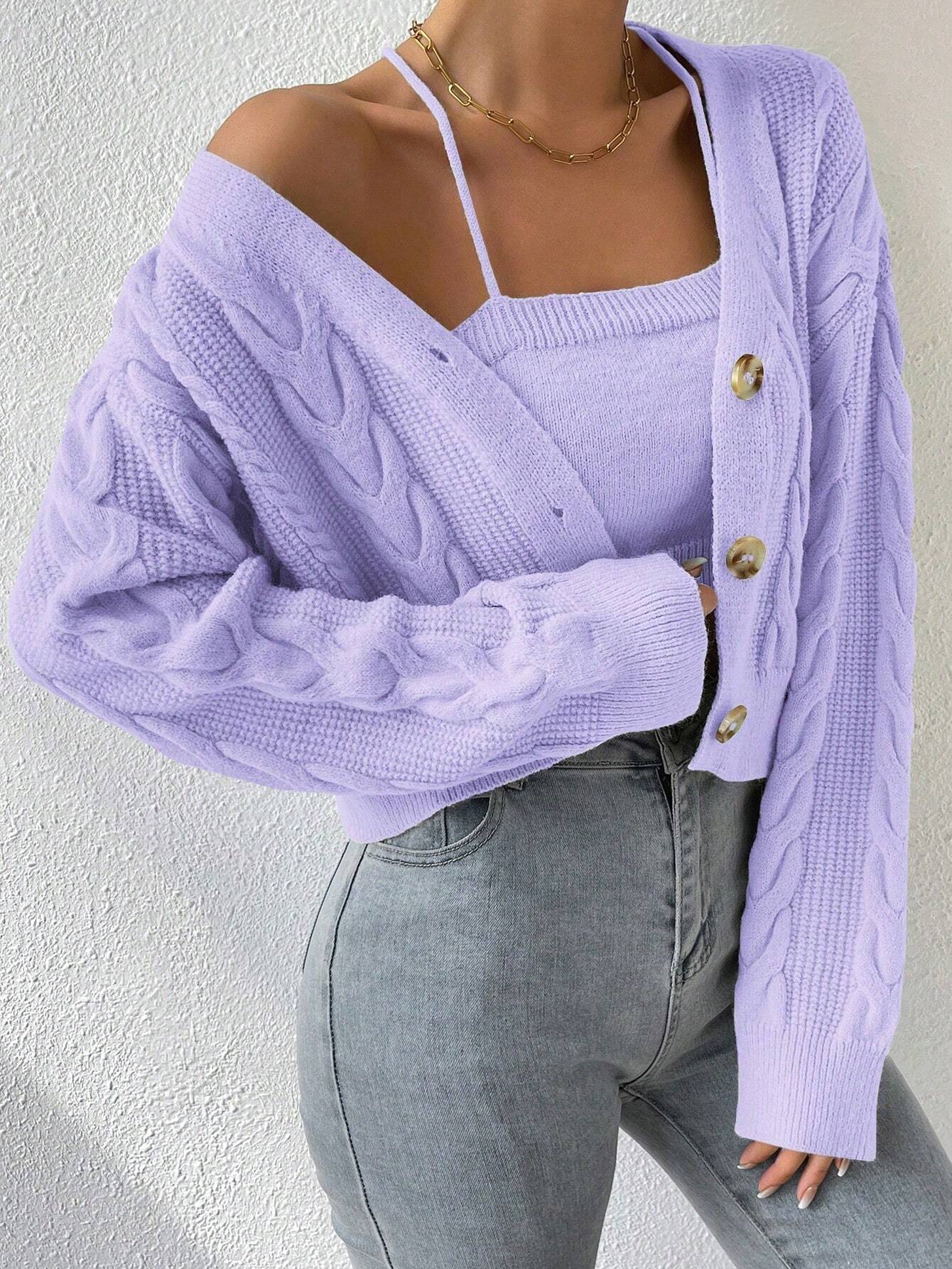 MOOSTA Drop Shoulder Cable Knit Cardigan & Crop Knit Top shein