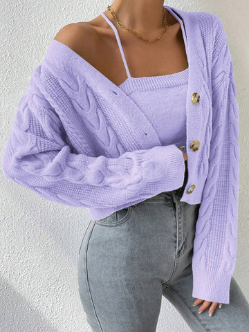 MOOSTA Drop Shoulder Cable Knit Cardigan & Crop Knit Top