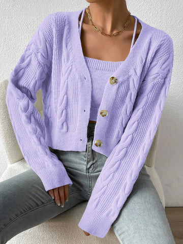 MOOSTA Drop Shoulder Cable Knit Cardigan & Crop Knit Top