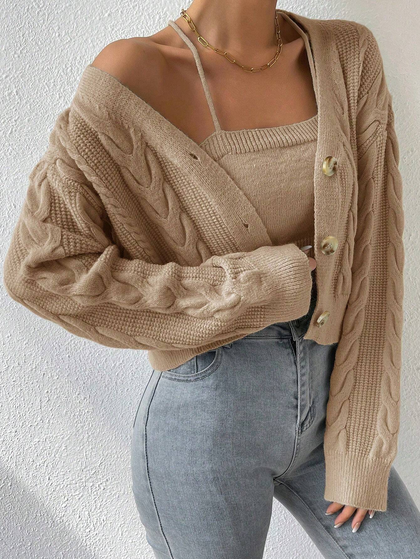 MOOSTA Drop Shoulder Cable Knit Cardigan & Crop Knit Top shein