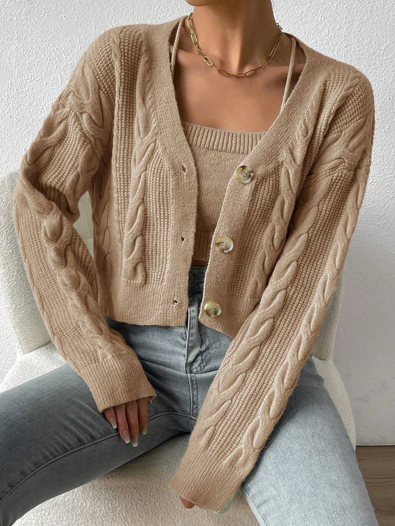 MOOSTA Drop Shoulder Cable Knit Cardigan & Crop Knit Top shein