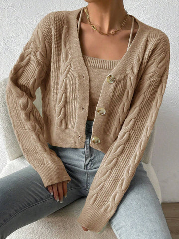 MOOSTA Drop Shoulder Cable Knit Cardigan & Crop Knit Top