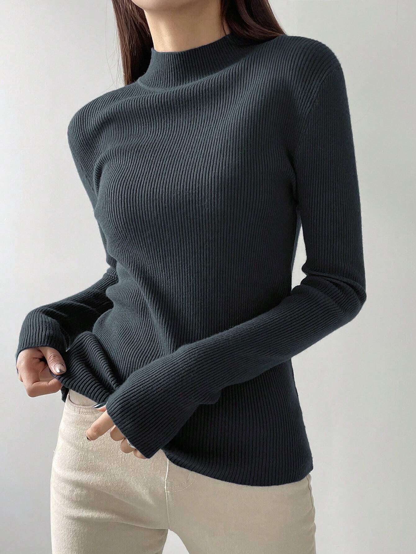 DAZY Women's Solid Stand Collar Long Sleeve Casual Business Pullover Sweater shein