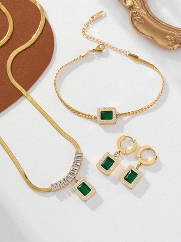 3pcs/set Fashionable White T-shaped Square Green Zirconia Crescent Chain Necklace + Bracelet + Earrings