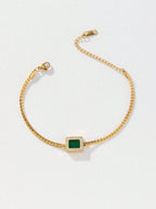 3pcs/set Fashionable White T-shaped Square Green Zirconia Crescent Chain Necklace + Bracelet + Earrings shein