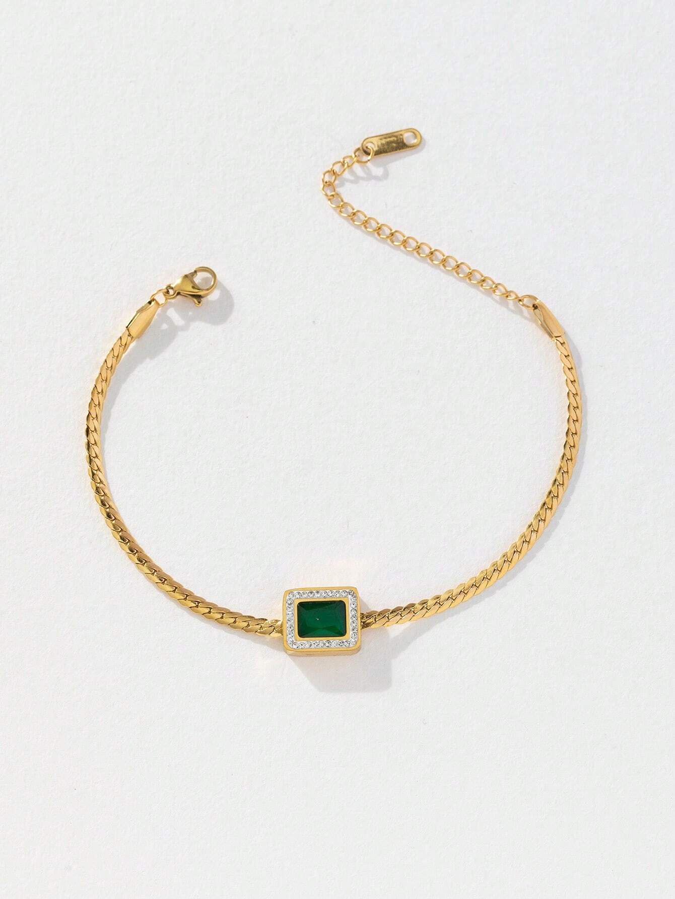 3pcs/set Fashionable White T-shaped Square Green Zirconia Crescent Chain Necklace + Bracelet + Earrings shein