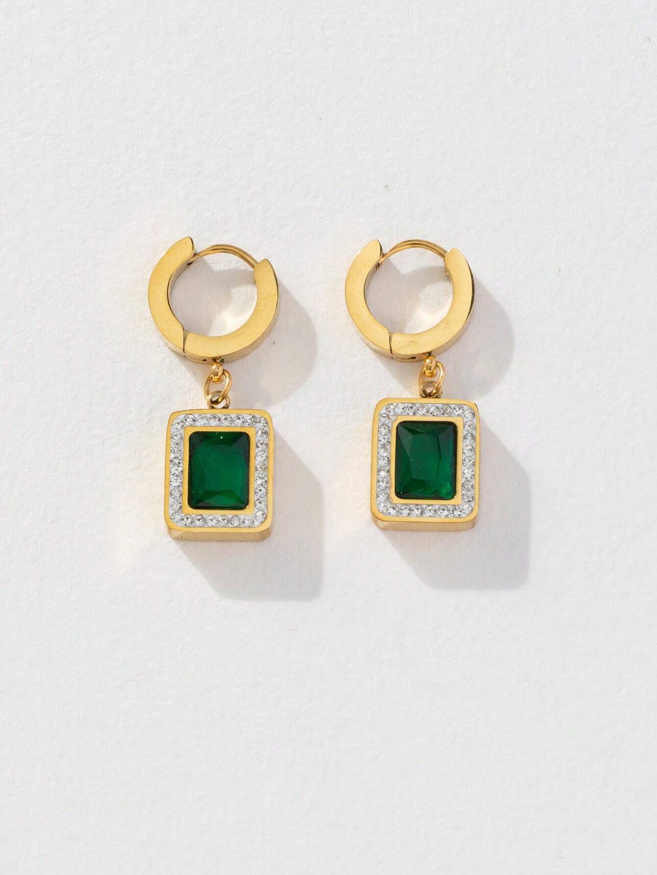 3pcs/set Fashionable White T-shaped Square Green Zirconia Crescent Chain Necklace + Bracelet + Earrings shein